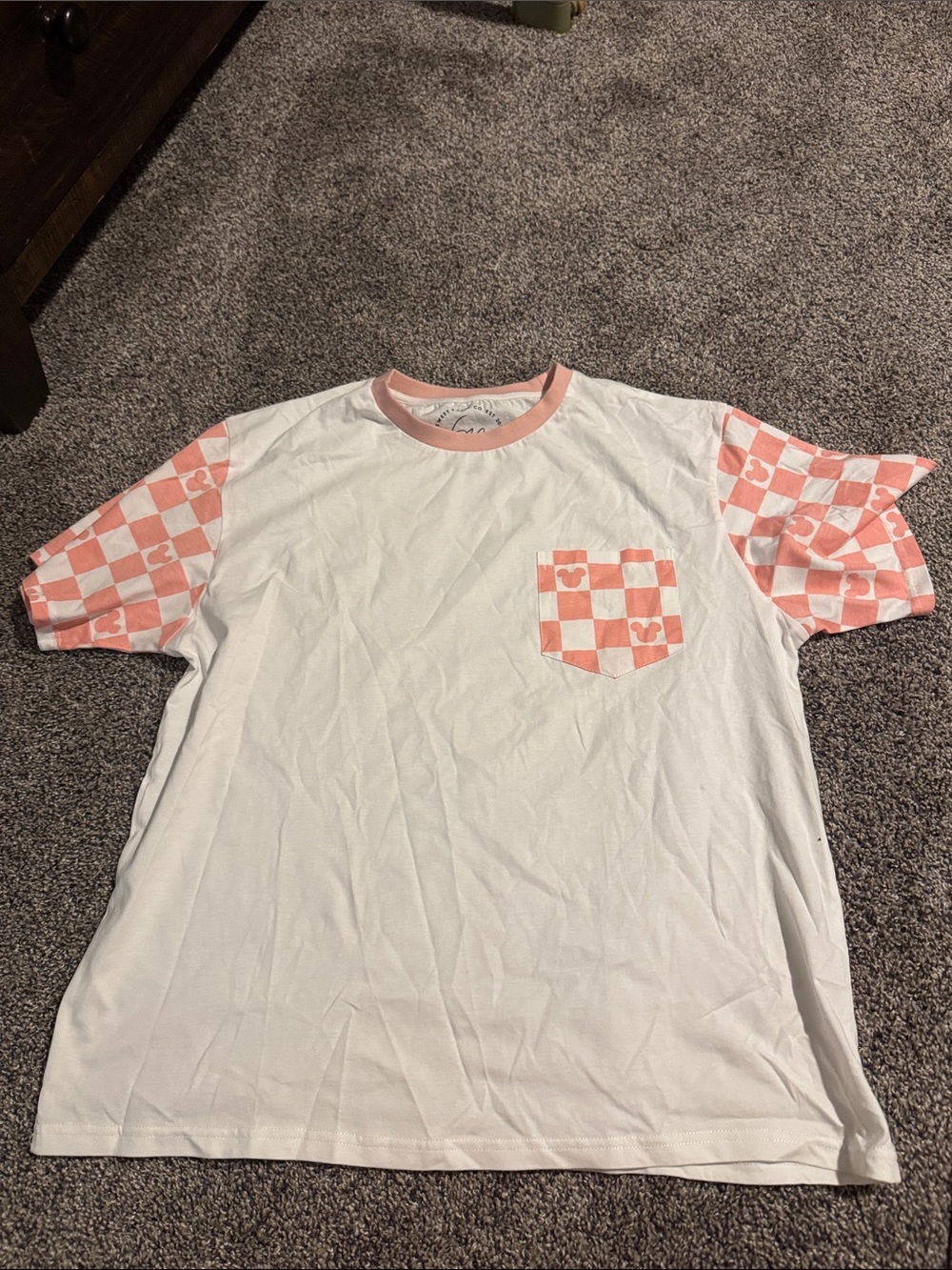 White Tee with Pink Checker Pocket & Sleeve Accents - Oversized (never worn)